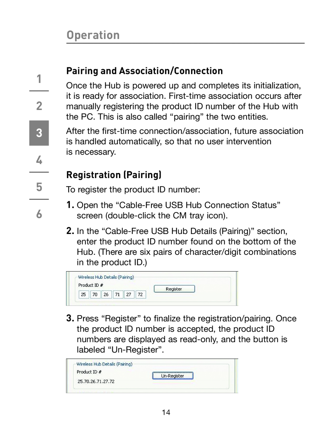 Belkin F5U301 user manual Pairing and Association/Connection, Registration Pairing, Operation 