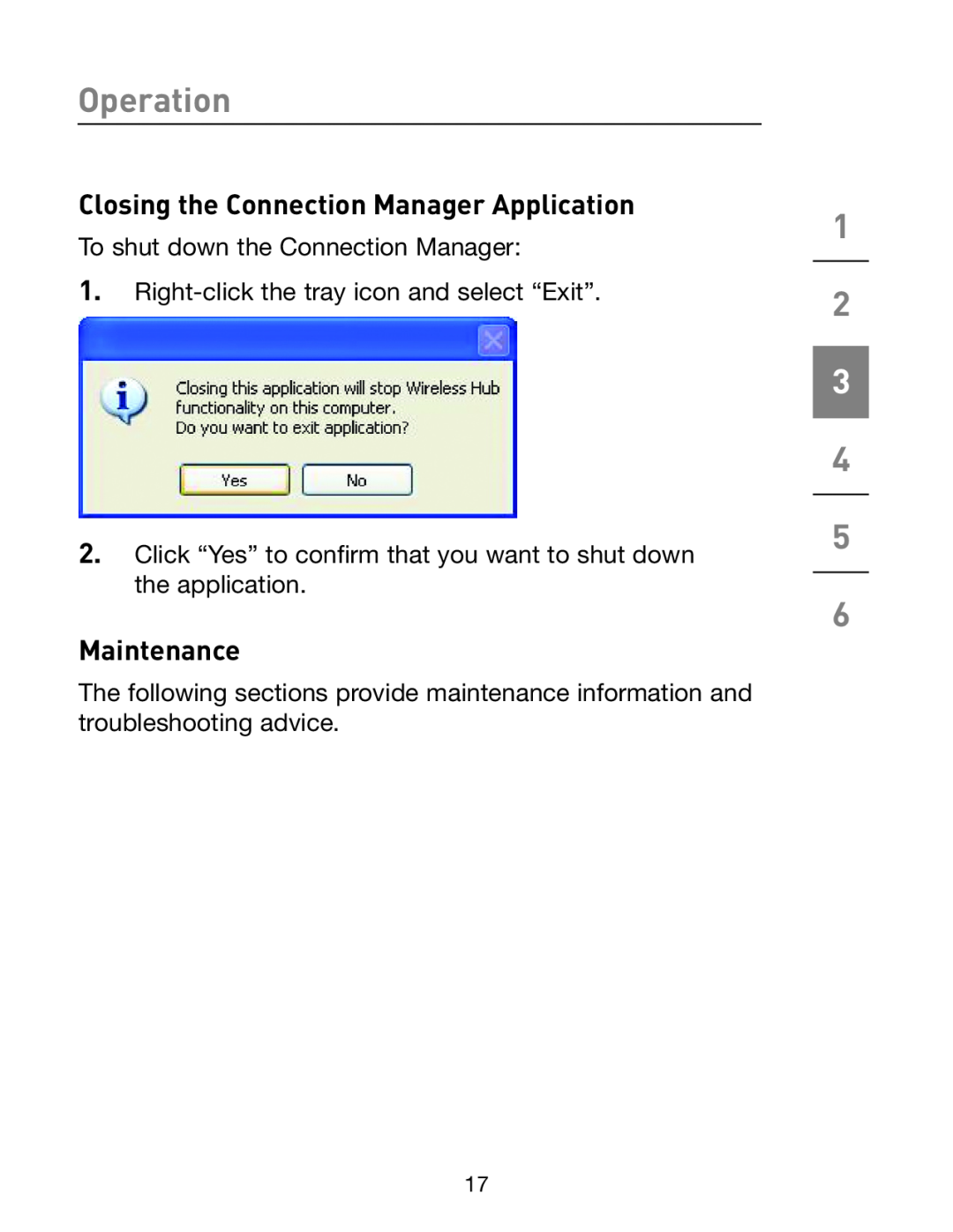 Belkin F5U301 Closing the Connection Manager Application, Maintenance, Operation, To shut down the Connection Manager 
