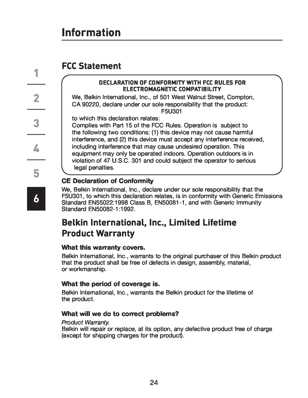 Belkin F5U301 user manual Information, FCC Statement, Belkin International, Inc., Limited Lifetime Product Warranty 