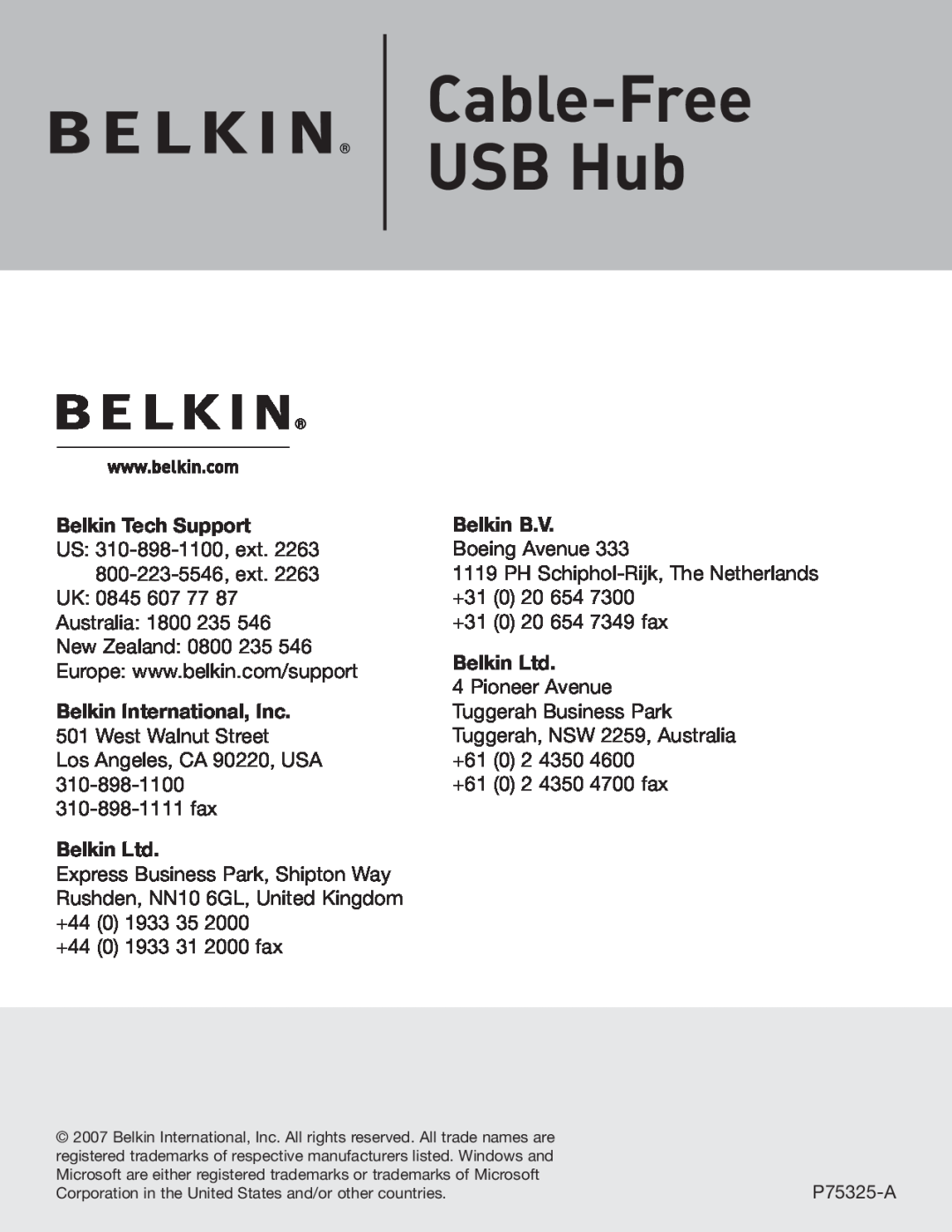 Belkin F5U301 user manual Cable-Free USB Hub, Belkin Tech Support, Belkin B.V 