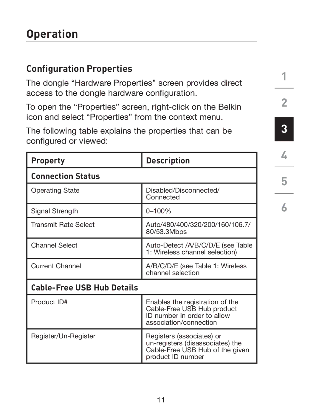 Belkin F5U301 user manual Conﬁguration Properties, Property Description Connection Status 