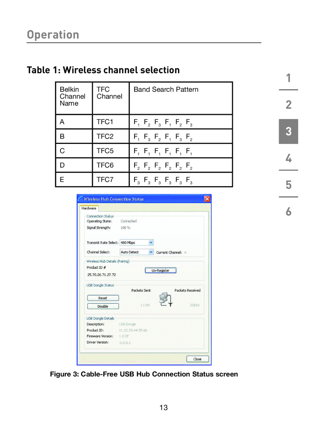 Belkin F5U301 user manual Wireless channel selection, Cable-Free USB Hub Connection Status screen 