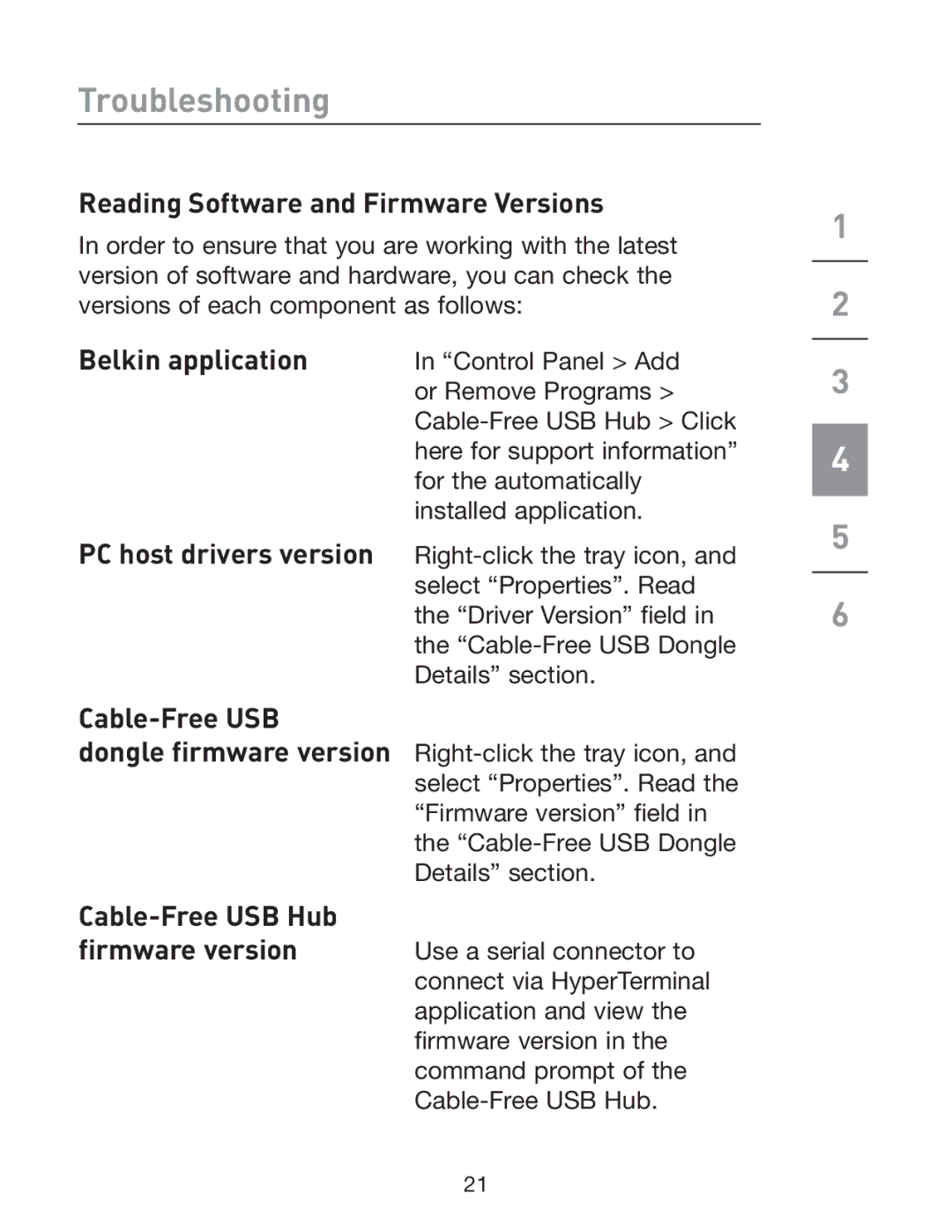 Belkin F5U301 Reading Software and Firmware Versions, Belkin application, PC host drivers version, Cable-Free USB 