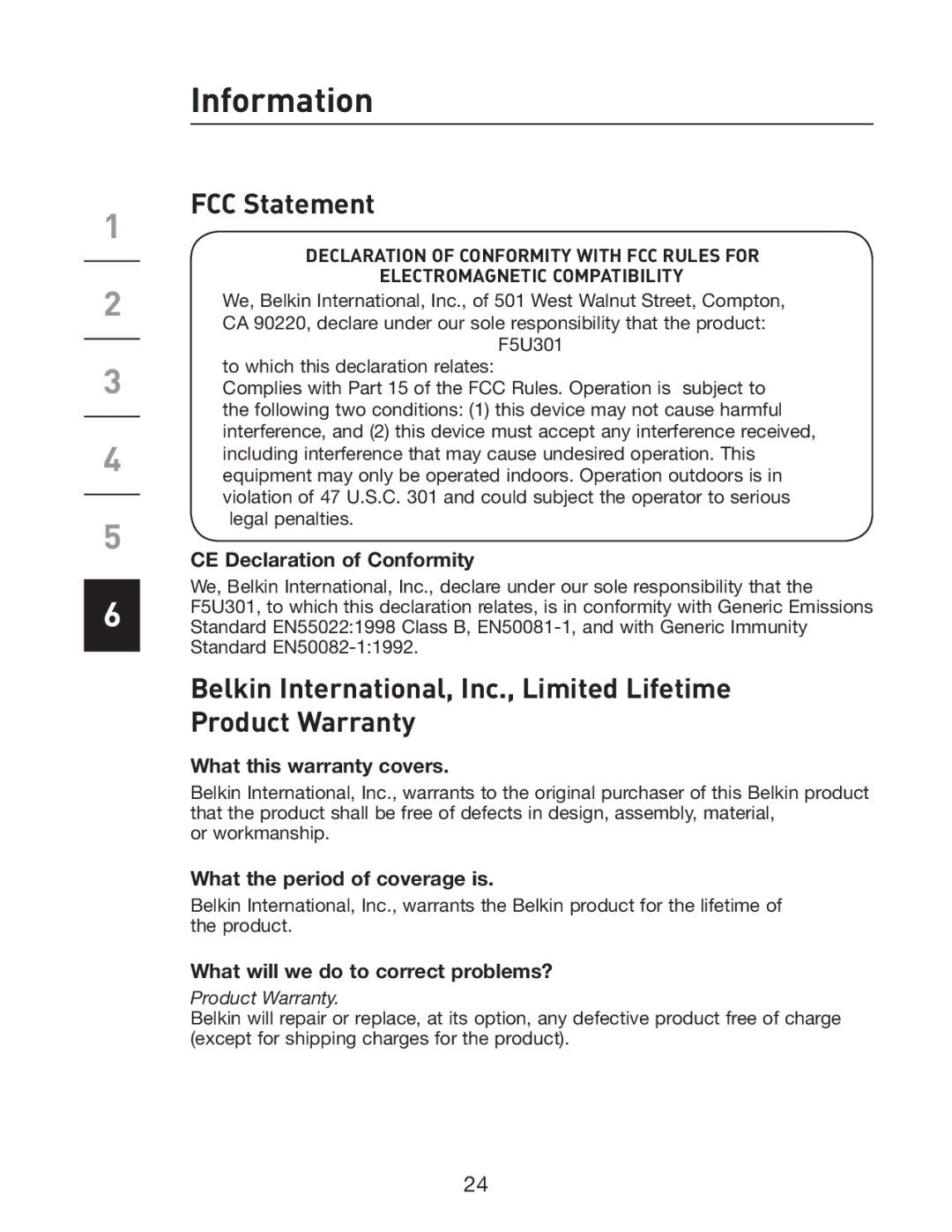 Belkin F5U301 user manual Information, FCC Statement 