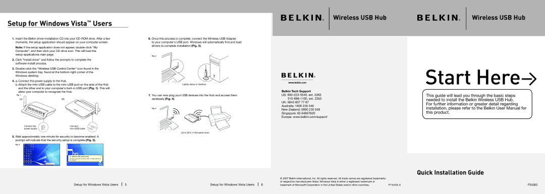 Belkin F5U302 manual Start Here, Setup for Windows Vista Users, Wireless USB Hub, Quick Installation Guide 