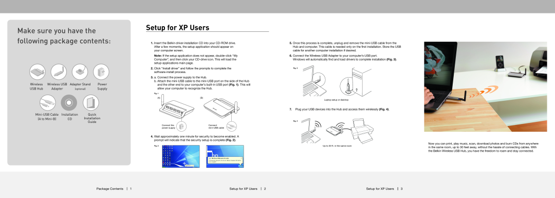 Belkin F5U302 manual Setup for XP Users, Make sure you have the following package contents, Wireless, USB Hub, Adapter 