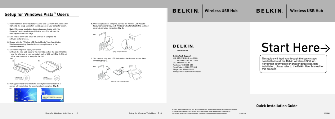 Belkin F5U302 Setup for Windows Vista Users, Start Here, Wireless USB Hub, Quick Installation Guide, Belkin Tech Support 
