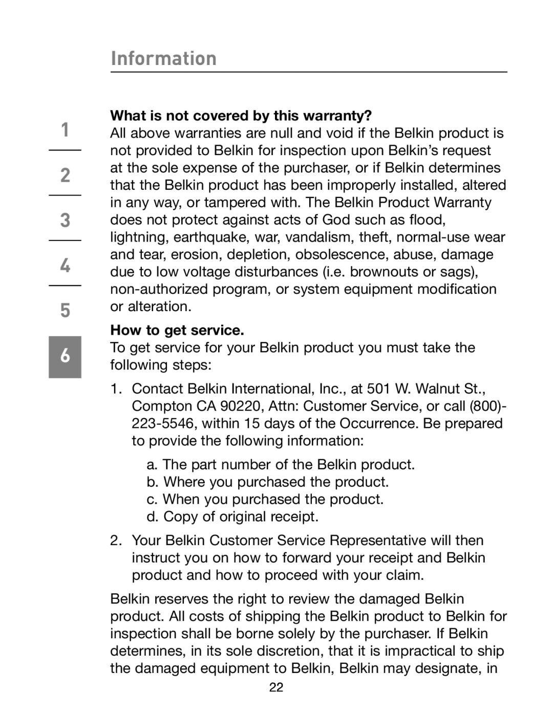 Belkin F5U303 manual Information, What is not covered by this warranty?, How to get service 