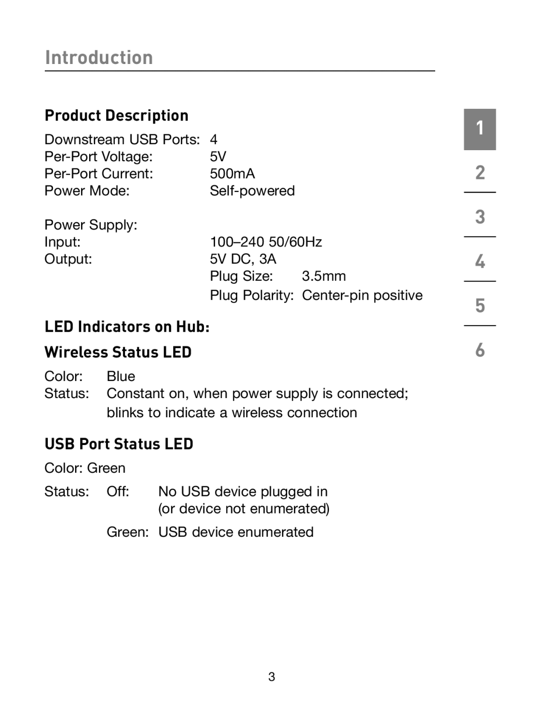 Belkin F5U303 manual Product Description, LED Indicators on Hub Wireless Status LED, USB Port Status LED 