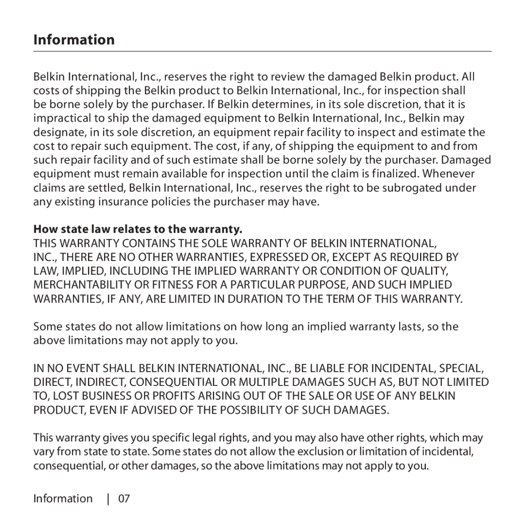 Belkin F5U307 user manual How state law relates to the warranty 