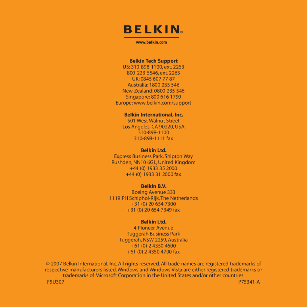 Belkin F5U307 user manual Belkin Tech Support 