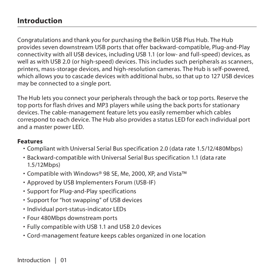 Belkin F5U307 user manual Introduction, Features 