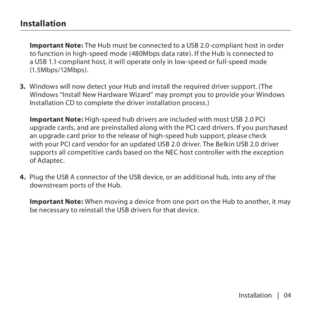 Belkin F5U307 user manual Installation 