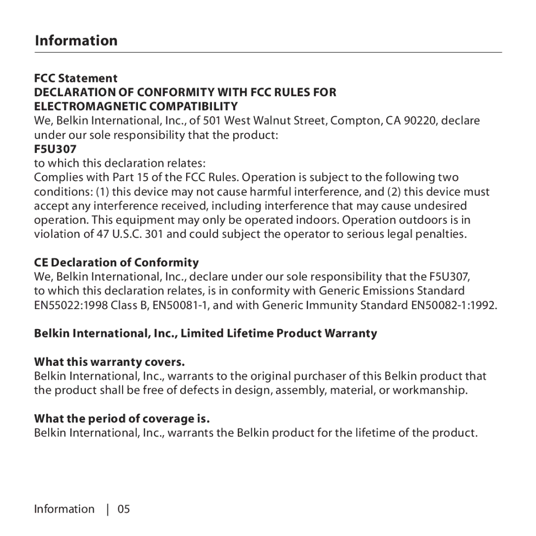 Belkin F5U307 user manual Information, FCC Statement, CE Declaration of Conformity, What the period of coverage is 