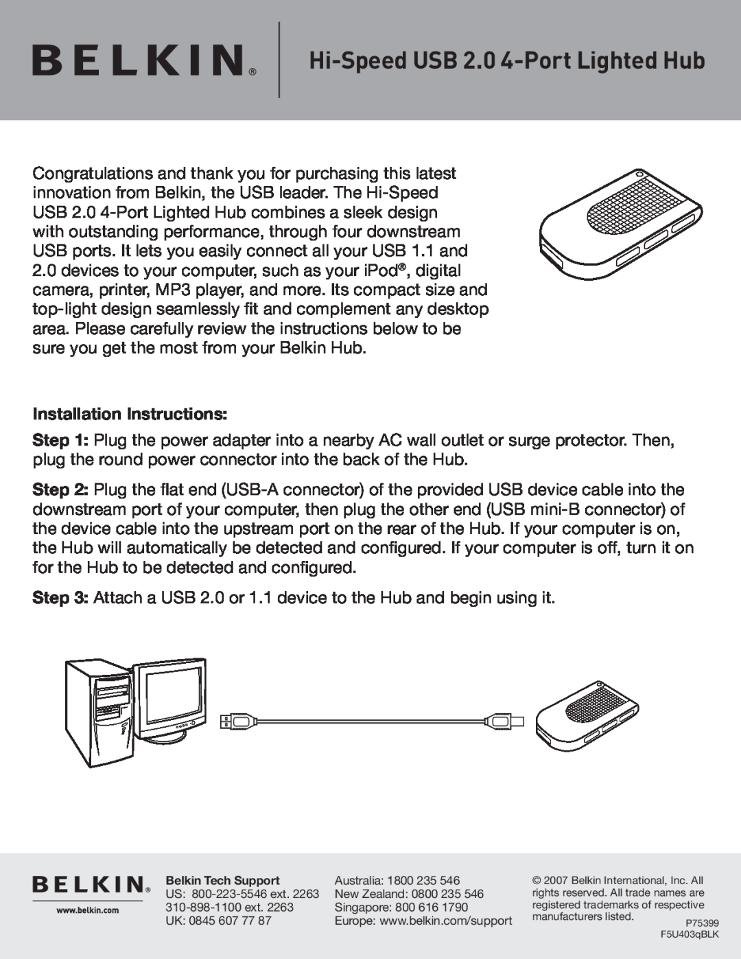 Belkin F5U403 installation instructions Hi-Speed USB 2.0 4-Port Lighted Hub, Installation Instructions 