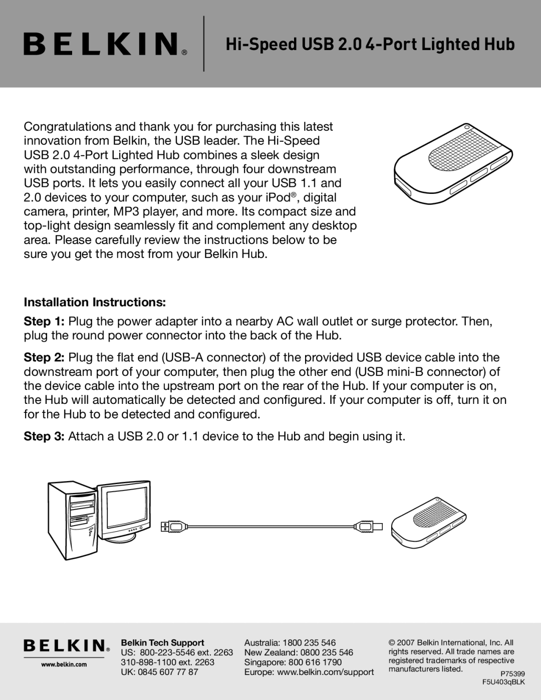 Belkin F5U403 installation instructions Hi-Speed USB 2.0 4-Port Lighted Hub, Installation Instructions 