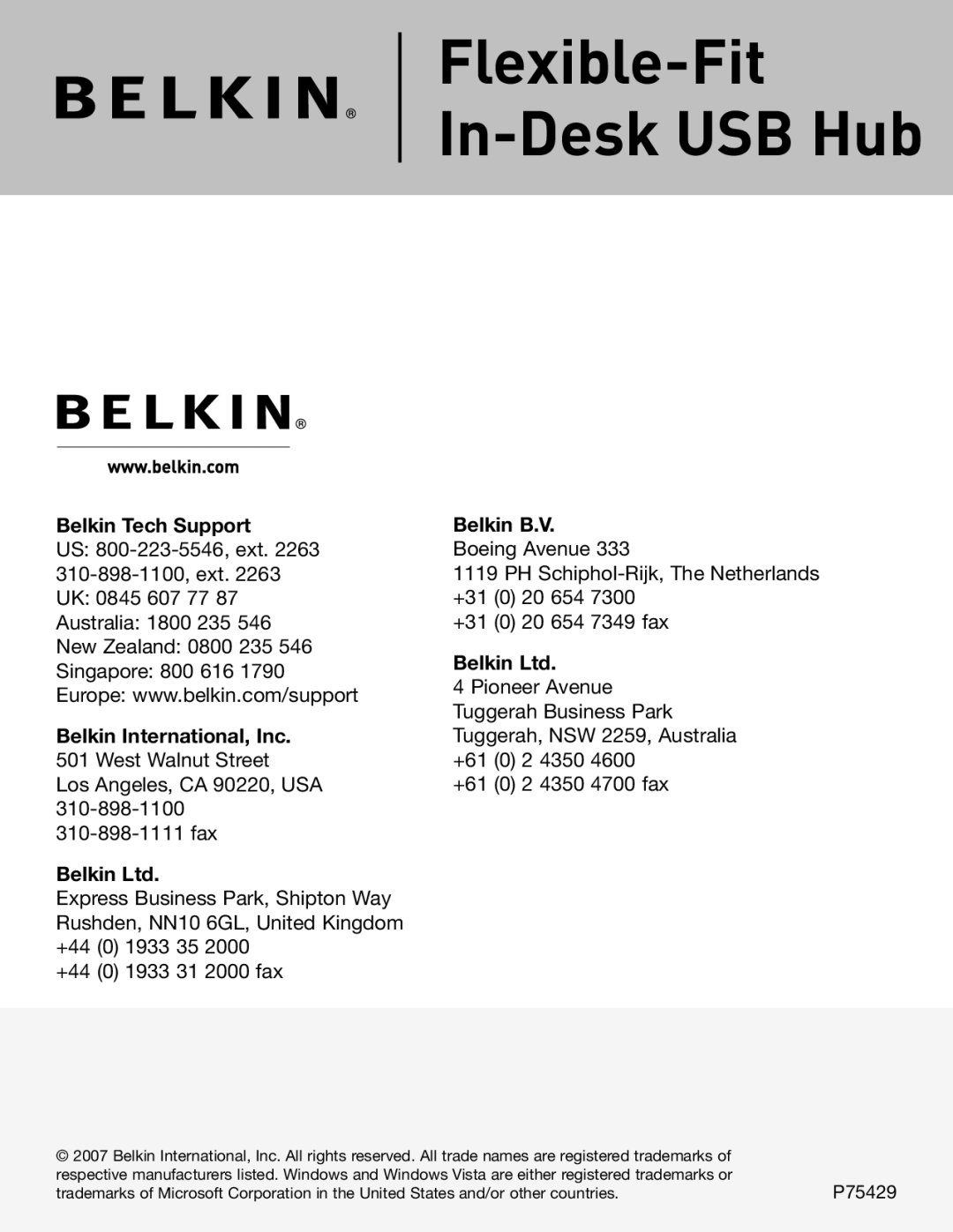 Belkin F5U413 manual Flexible-Fit In-Desk USB Hub, Belkin B.V 