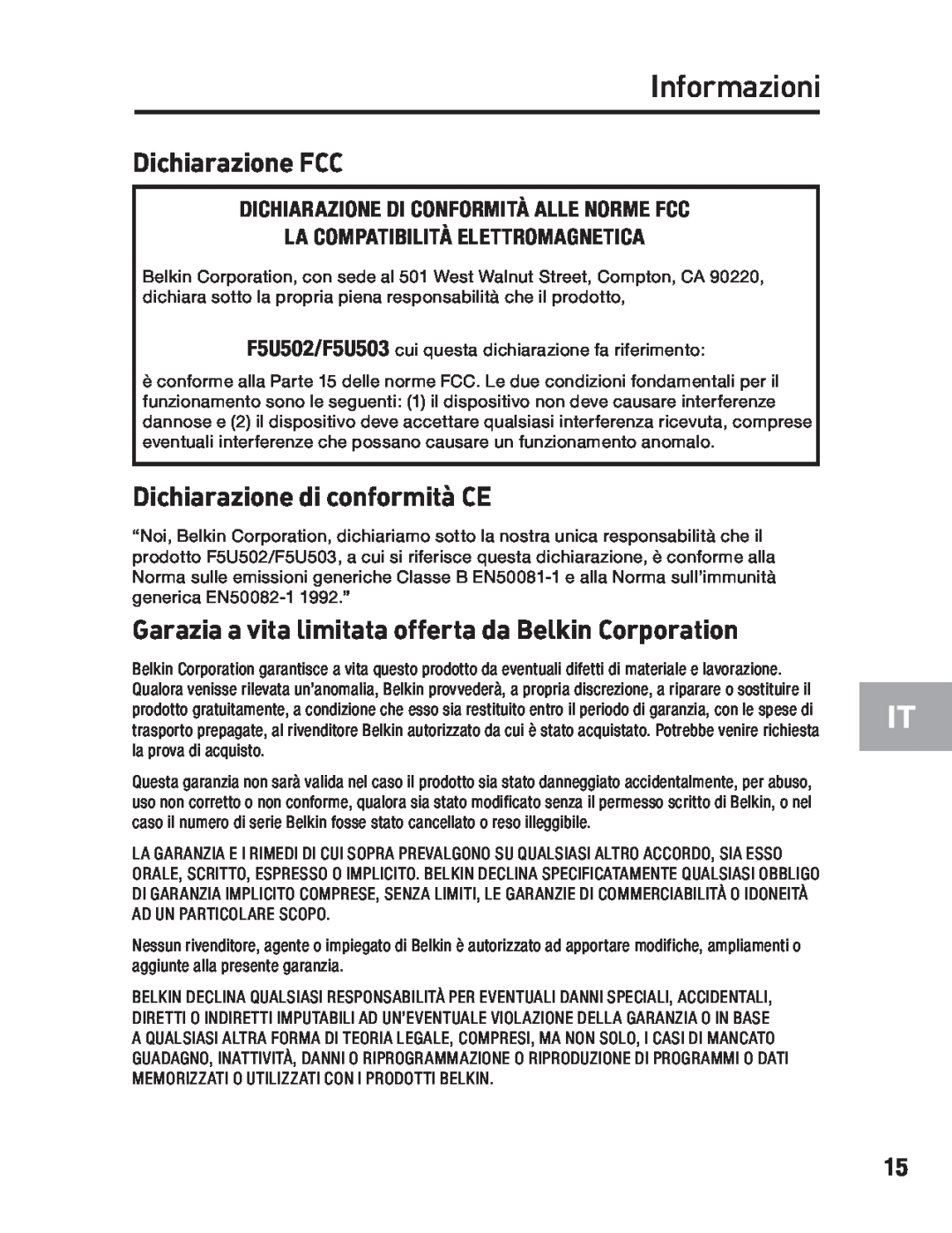 Belkin F5U502, F5U503 user manual Informazioni, Dichiarazione FCC, Dichiarazione di conformità CE 