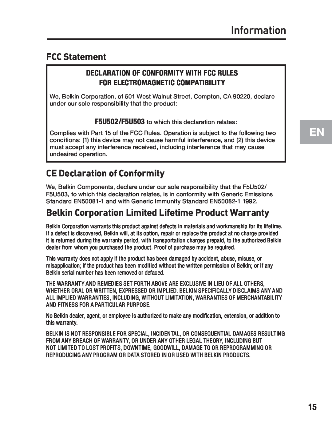 Belkin F5U502, F5U503 user manual Information, FCC Statement, CE Declaration of Conformity 