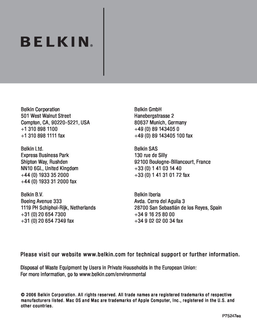 Belkin F5U503, F5U502 user manual Belkin Corporation 