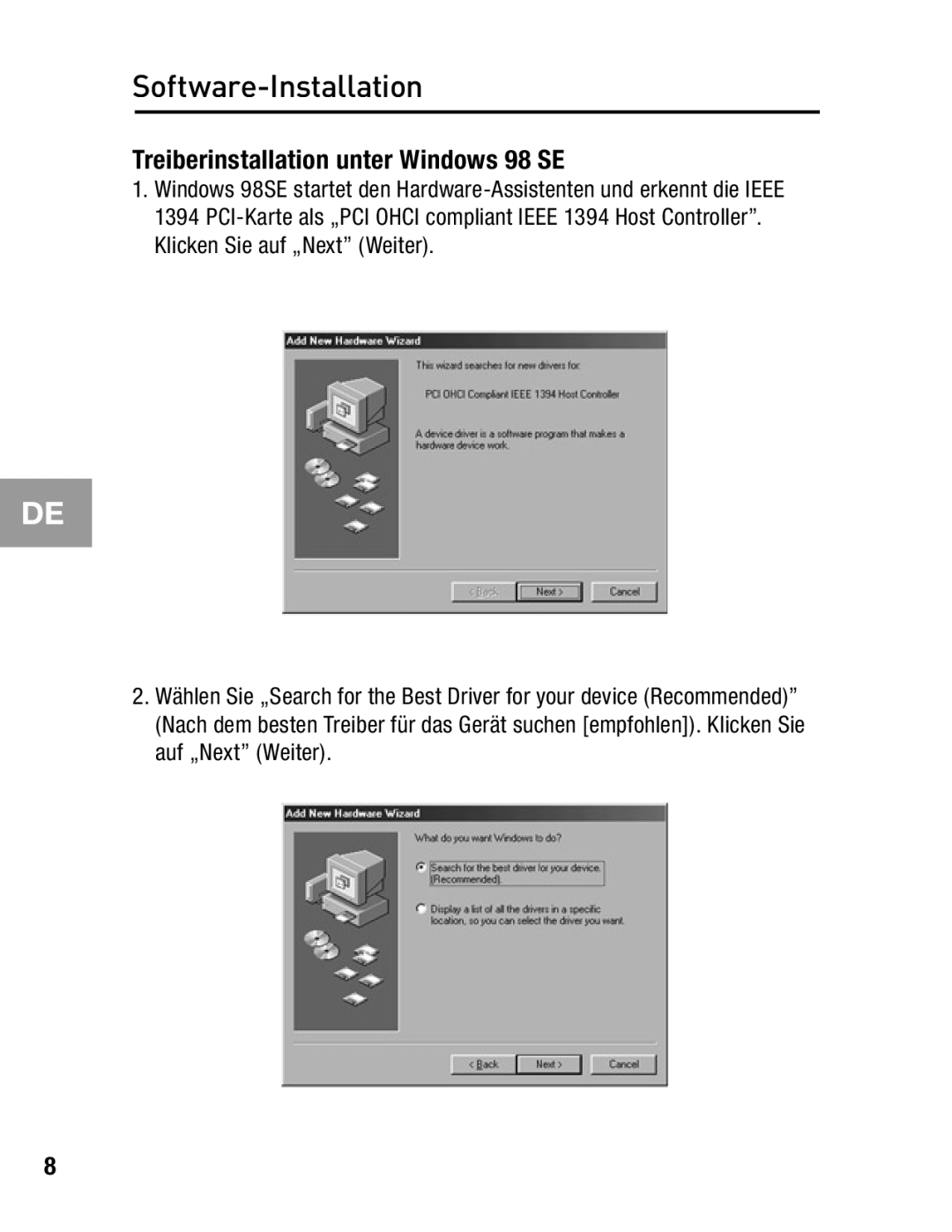 Belkin F5U503, F5U502 user manual Software-Installation, Treiberinstallation unter Windows 98 SE 