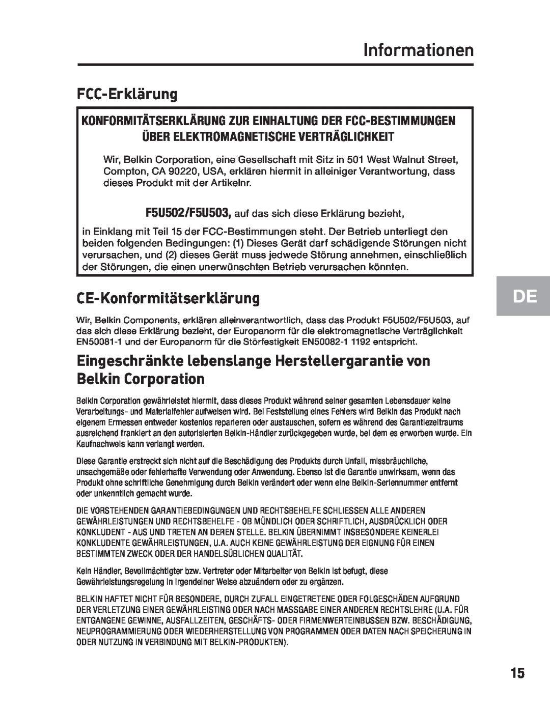 Belkin F5U502, F5U503 user manual Informationen, FCC-Erklärung, CE-Konformitätserklärung 