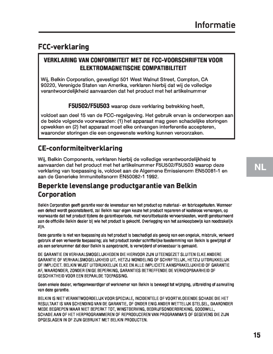 Belkin F5U502, F5U503 user manual Informatie, FCC-verklaring, CE-conformiteitverklaring 
