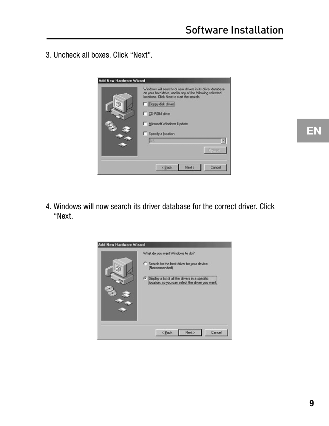 Belkin F5U502, F5U503 user manual Uncheck all boxes. Click “Next”, Software Installation 