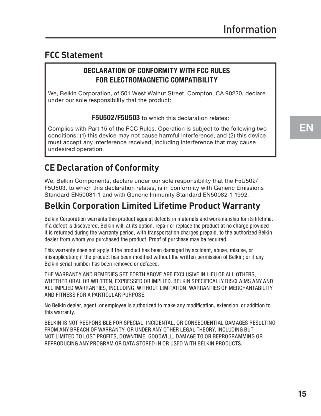 Belkin F5U502, F5U503 user manual Information, FCC Statement 