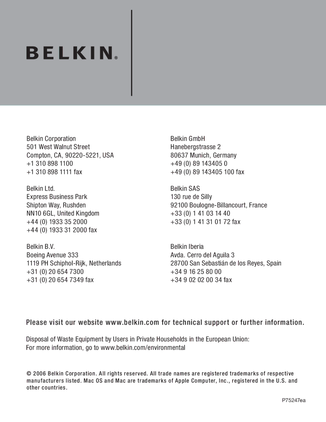 Belkin F5U503, F5U502 user manual 89 143405 