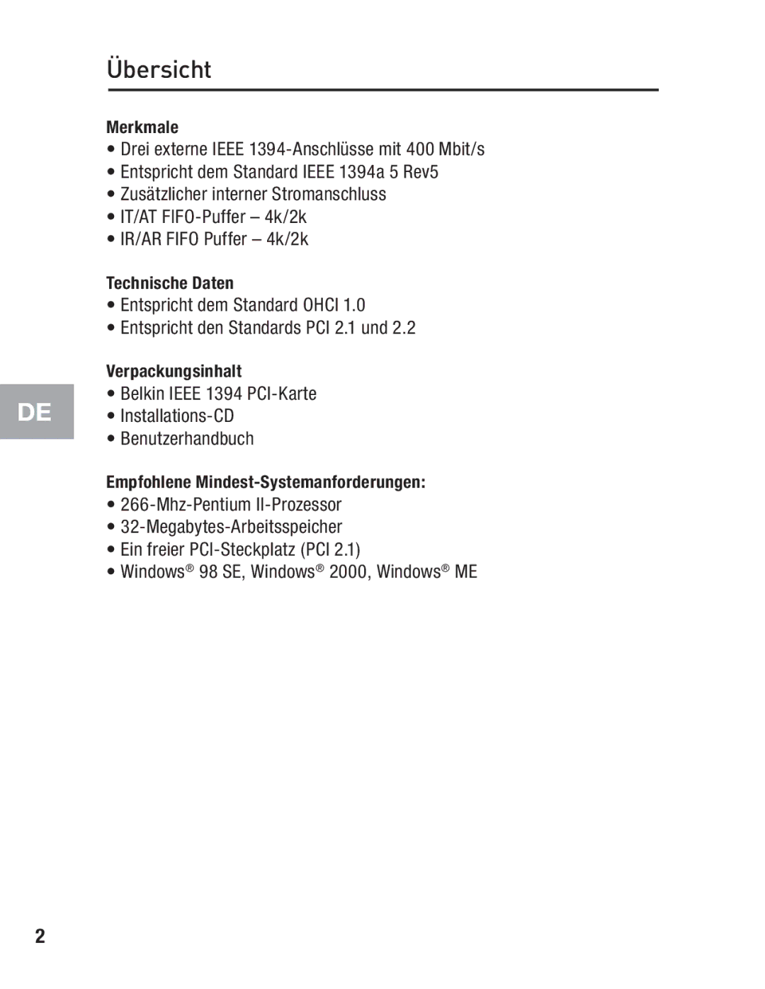 Belkin F5U503, F5U502 user manual Übersicht 