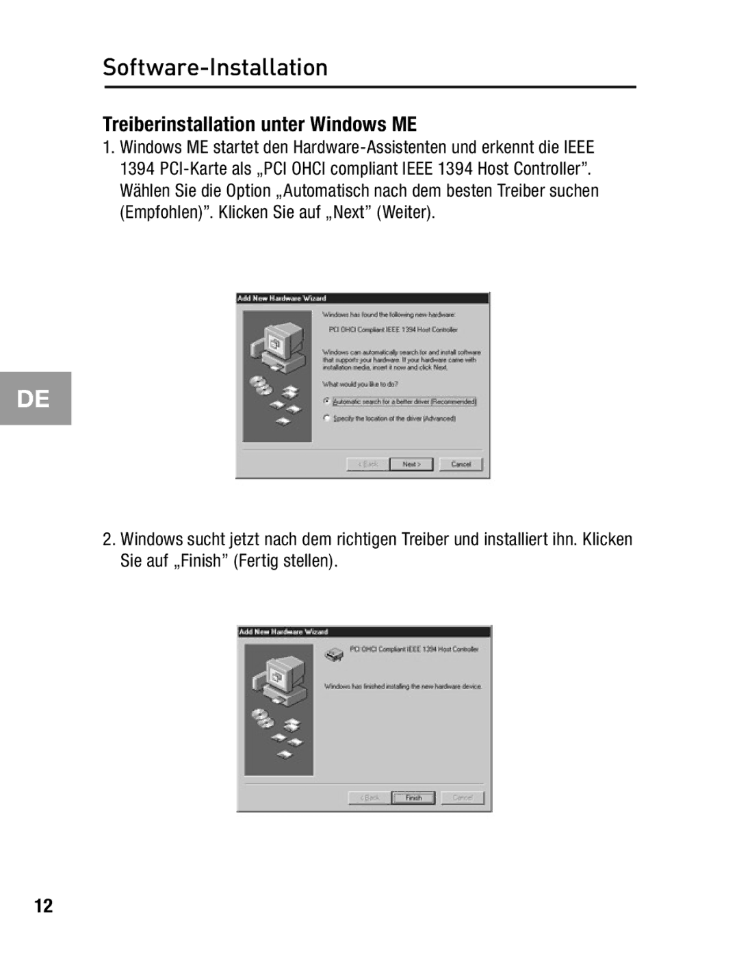 Belkin F5U503, F5U502 user manual Treiberinstallation unter Windows ME 