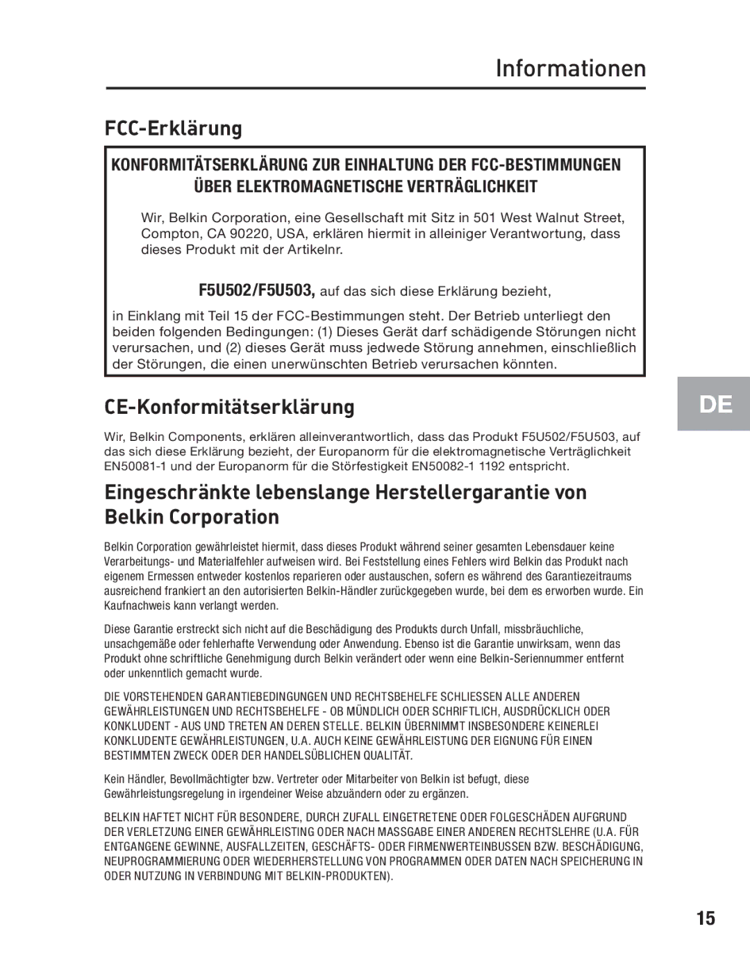 Belkin F5U502, F5U503 user manual Informationen, FCC-Erklärung 