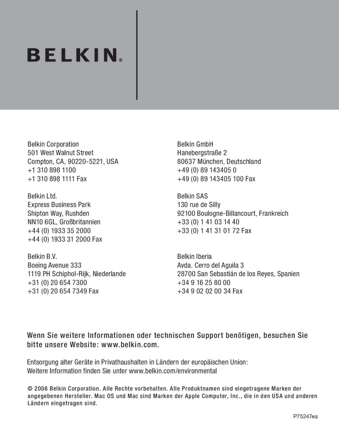 Belkin F5U503, F5U502 user manual NN10 6GL, Großbritannien 