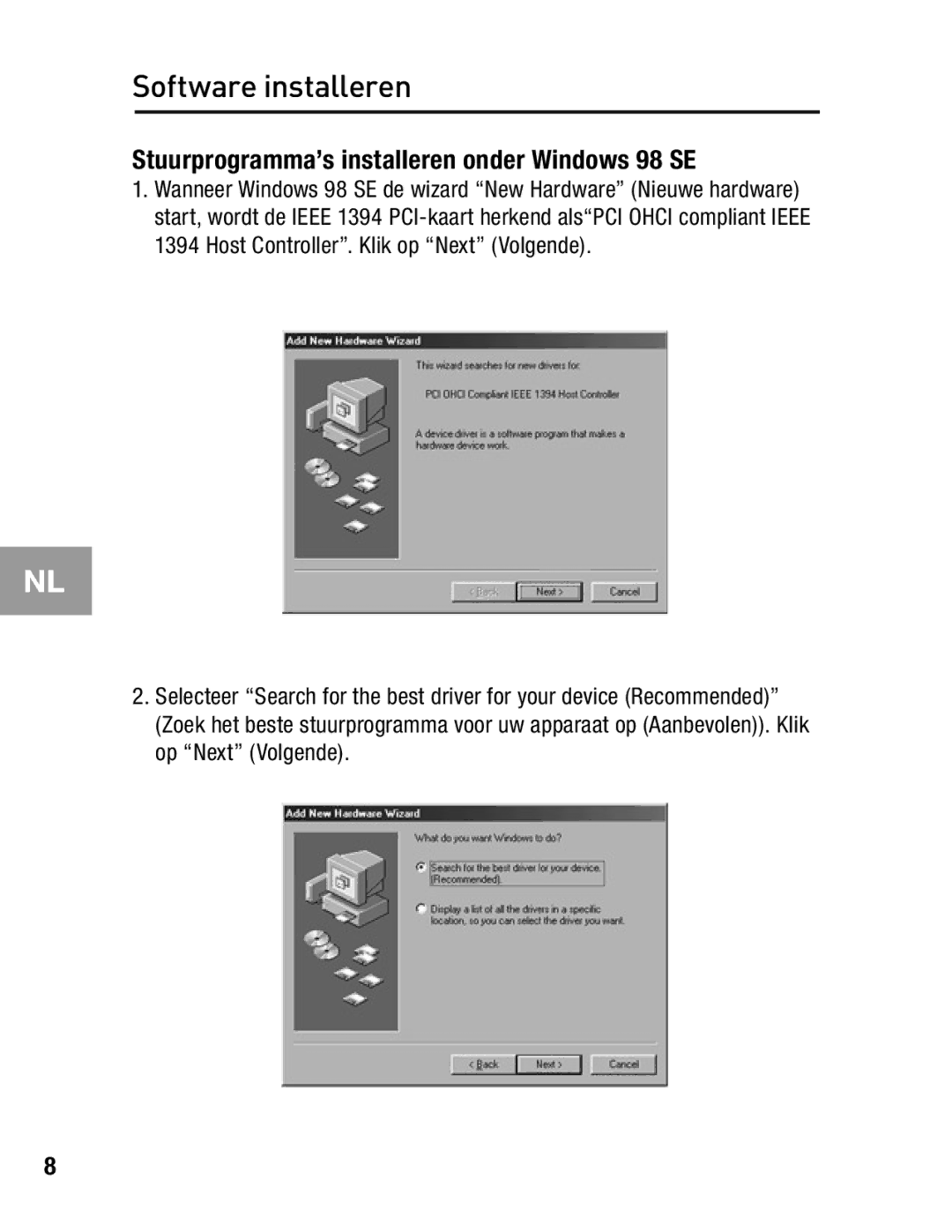 Belkin F5U503, F5U502 user manual Software installeren, Stuurprogramma’s installeren onder Windows 98 SE 