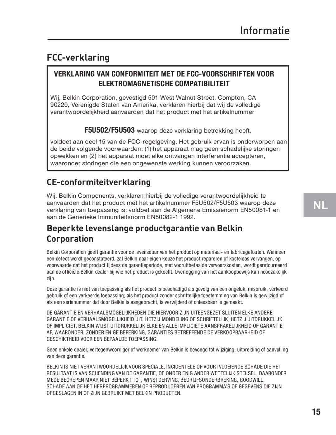 Belkin F5U502, F5U503 user manual Informatie, FCC-verklaring 