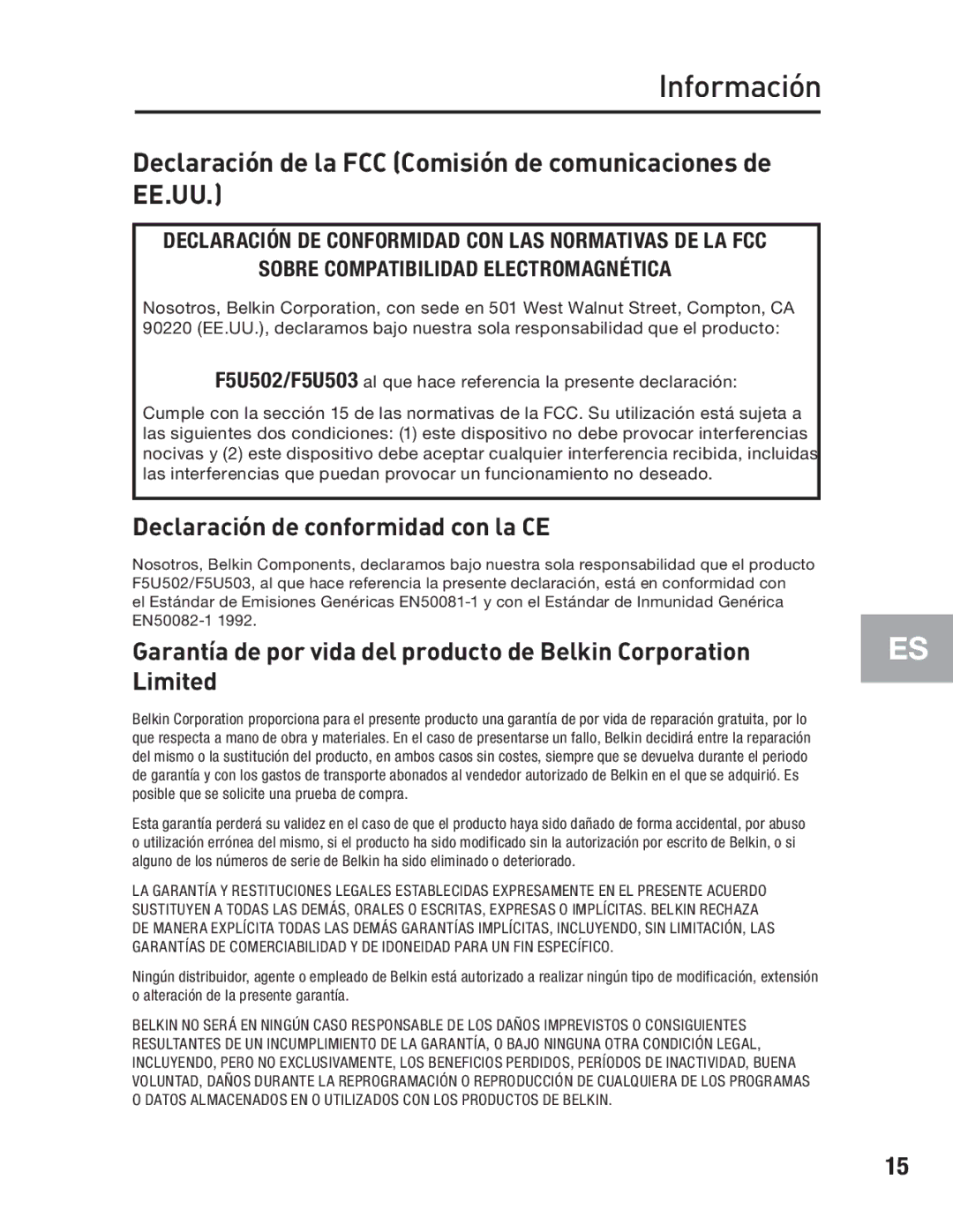 Belkin F5U502, F5U503 user manual Información, Declaración de la FCC Comisión de comunicaciones de EE.UU 