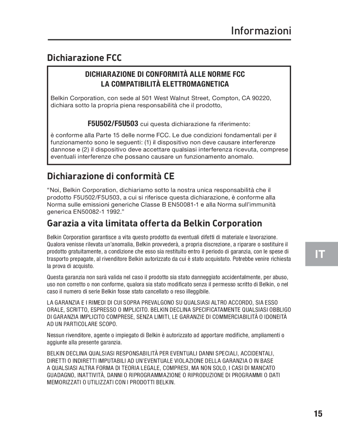 Belkin F5U502, F5U503 user manual Informazioni, Dichiarazione FCC 