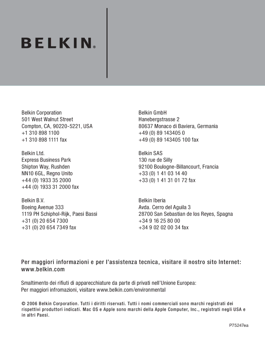 Belkin F5U503, F5U502 user manual NN10 6GL, Regno Unito 