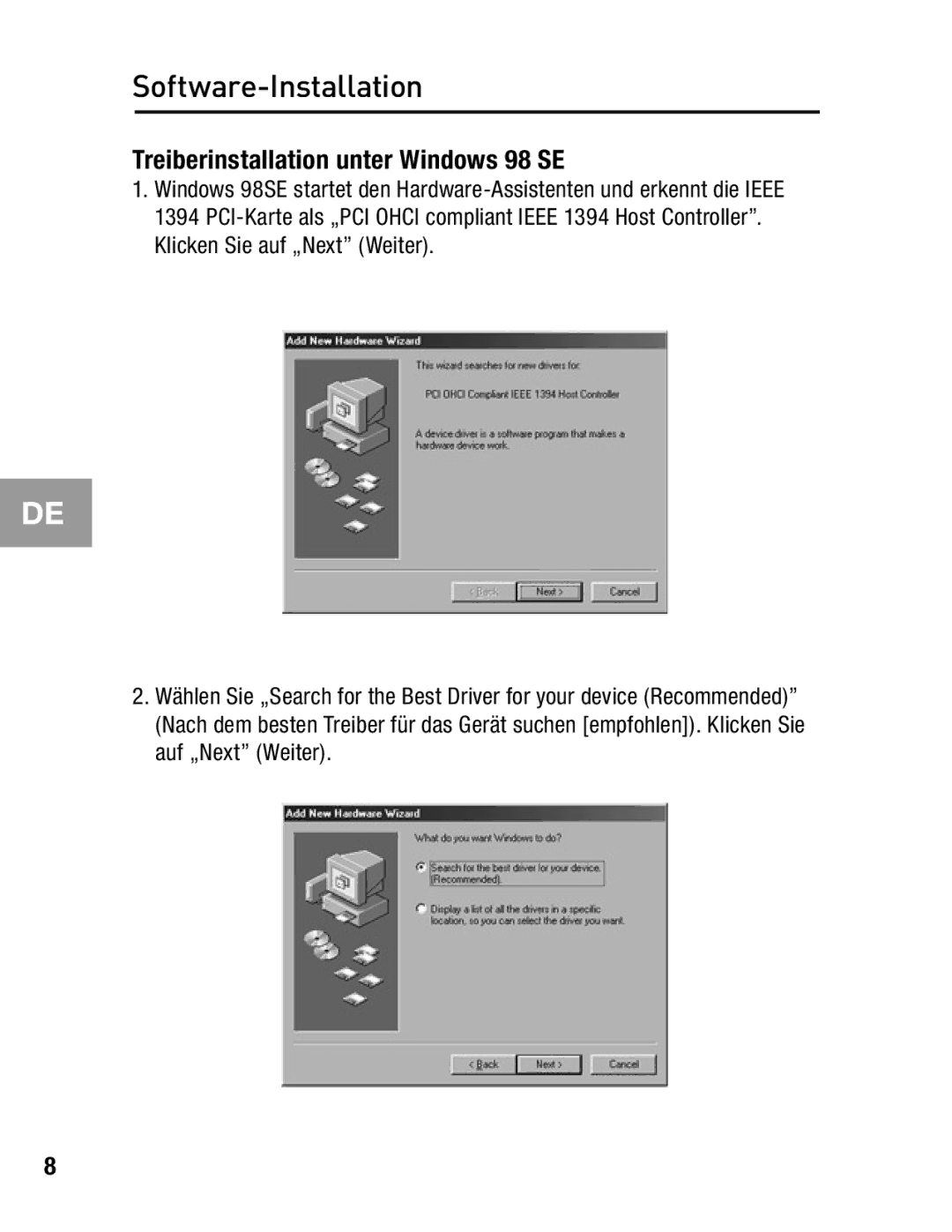 Belkin F5U503, F5U502 user manual Software-Installation, Treiberinstallation unter Windows 98 SE 