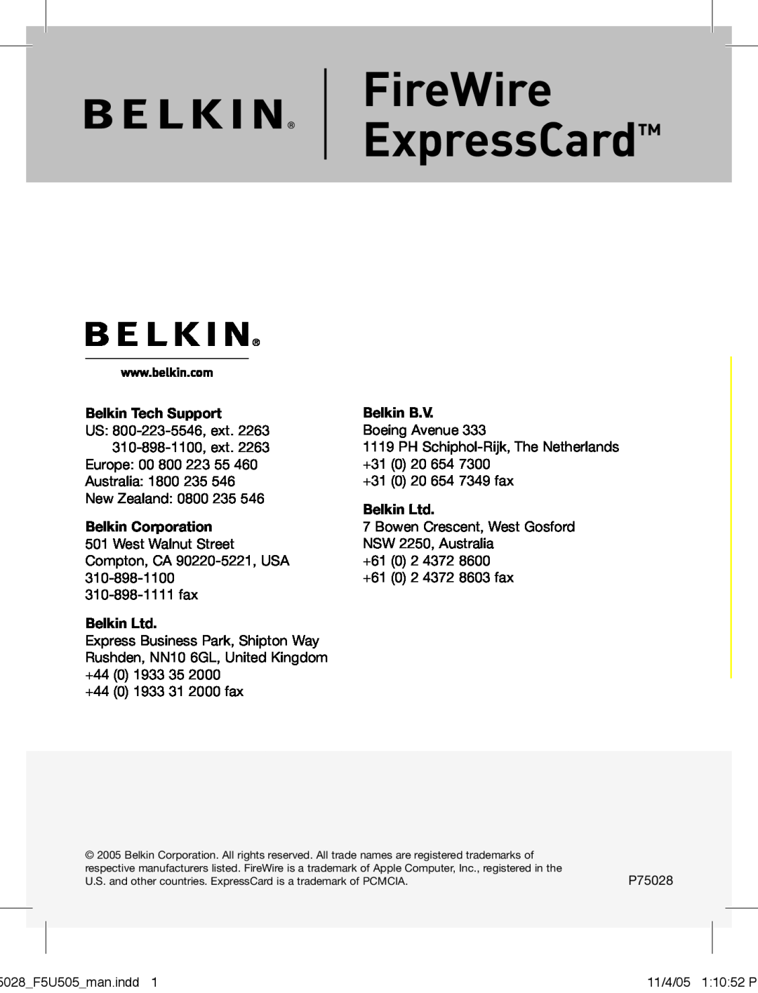 Belkin F5U505 manual FireWire ExpressCard, Belkin Tech Support, Belkin Corporation, Belkin B.V 