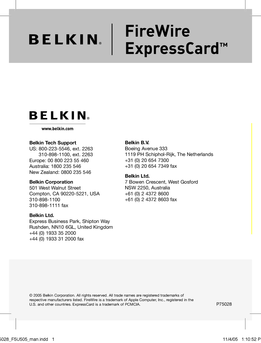 Belkin F5U505 manual FireWire ExpressCard 