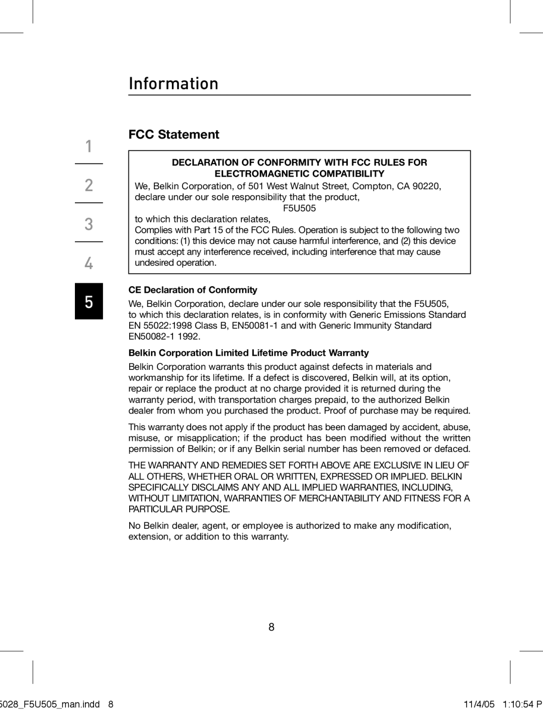 Belkin F5U505 manual Information, FCC Statement 