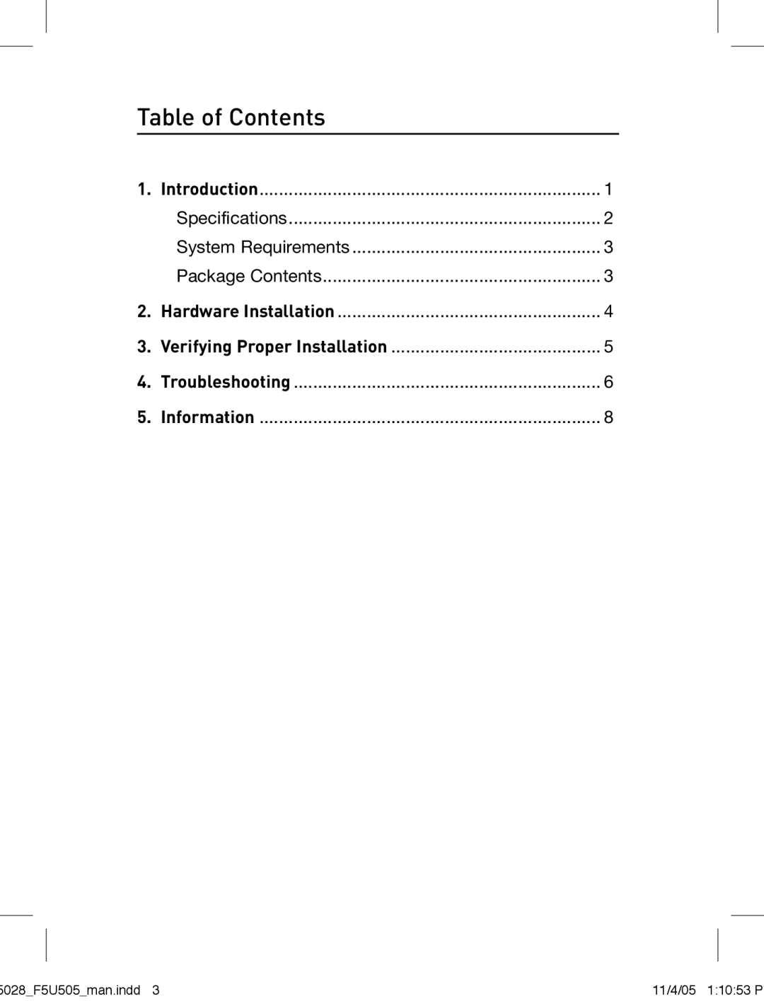 Belkin F5U505 manual Table of Contents 