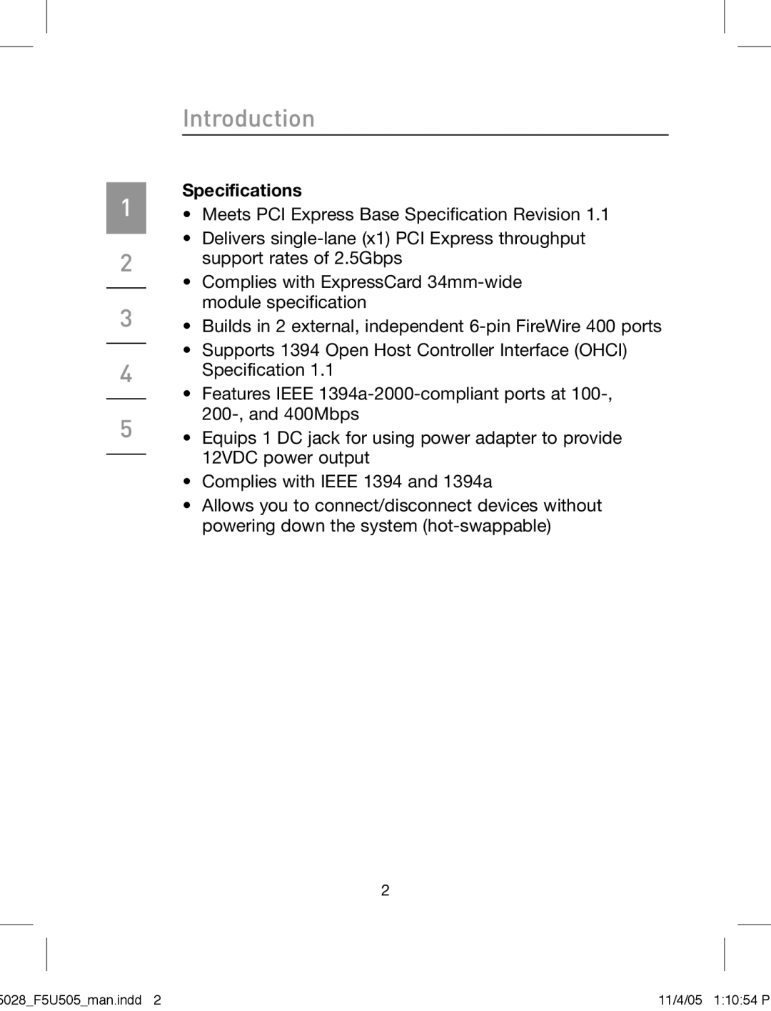 Belkin F5U505 manual Introduction, Specifications 