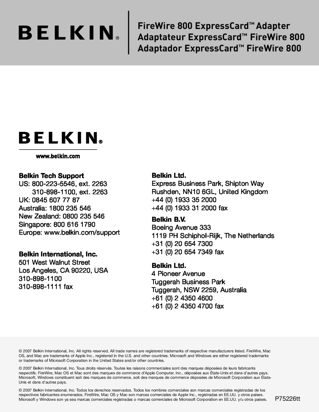 Belkin F5U514 manual FireWire 800 ExpressCard Adapter Adaptateur ExpressCard FireWire, Adaptador ExpressCard FireWire 