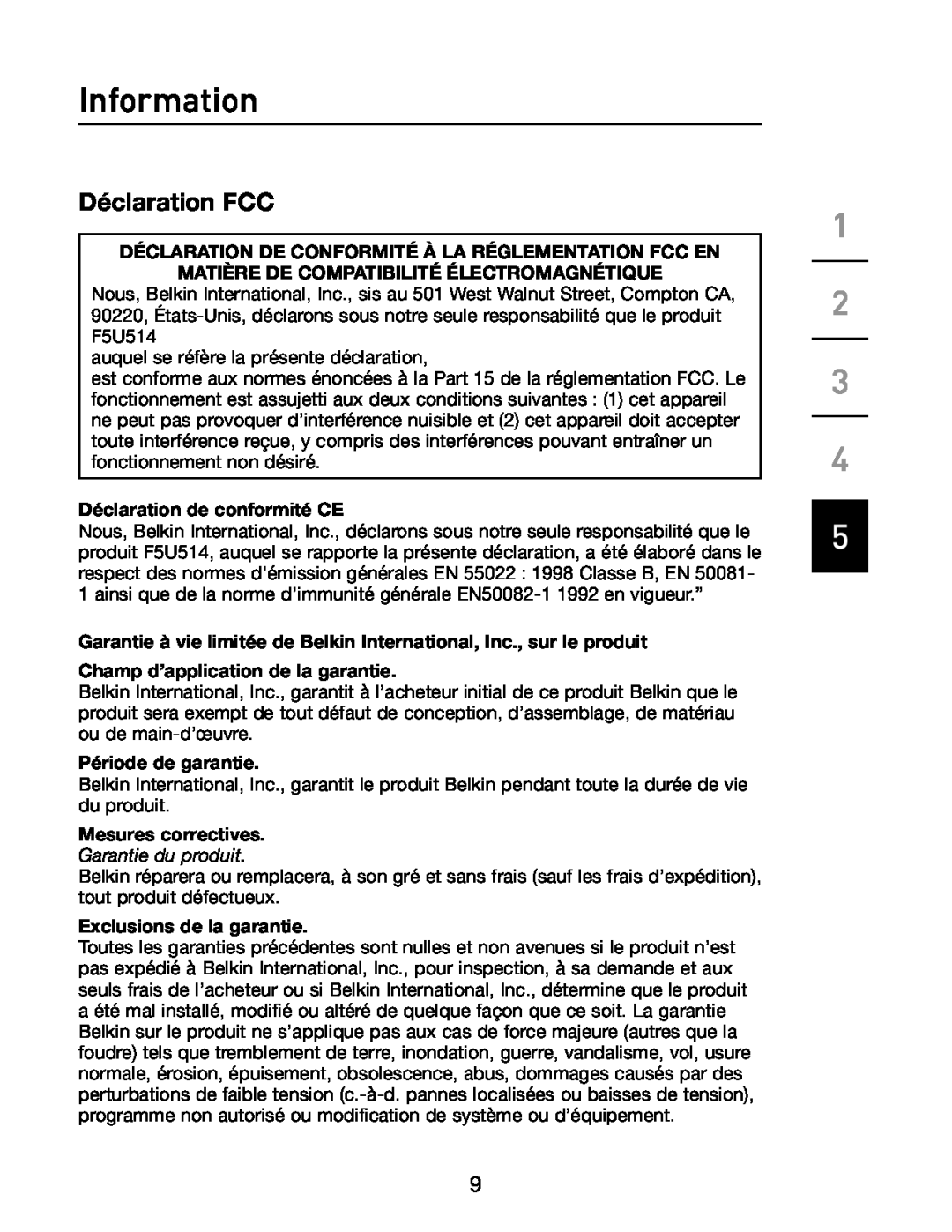 Belkin F5U514 Déclaration FCC, Information, Déclaration De Conformité À La Réglementation Fcc En, Période de garantie 