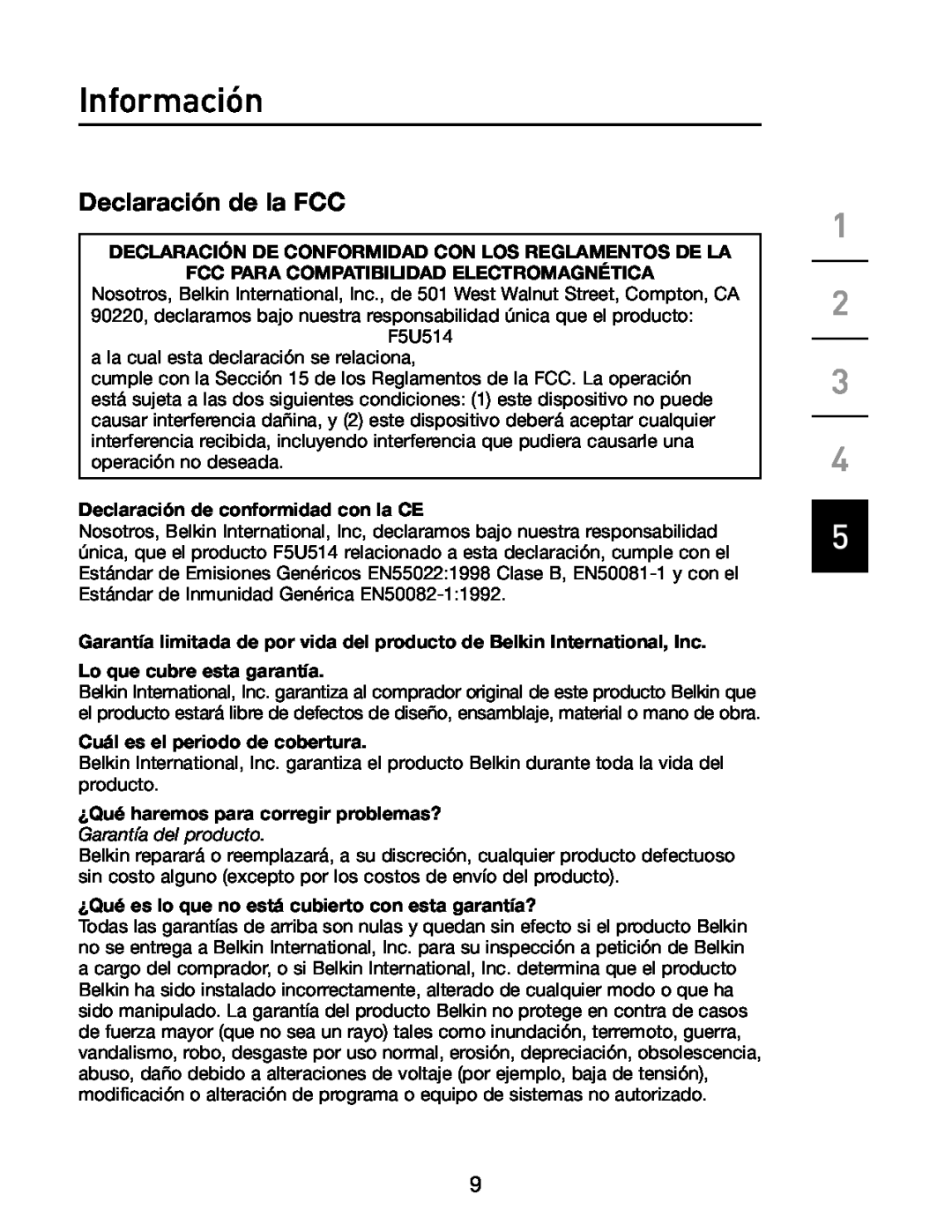 Belkin F5U514 manual Información, Declaración de la FCC, Declaración De Conformidad Con Los Reglamentos De La 