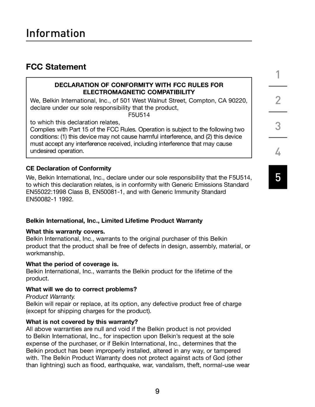 Belkin F5U514 manual Information, FCC Statement 