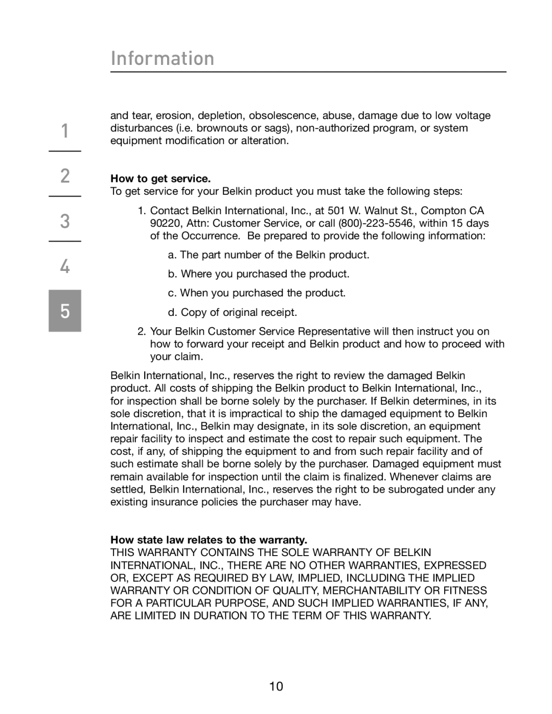 Belkin F5U514 manual Information, How to get service, How state law relates to the warranty 